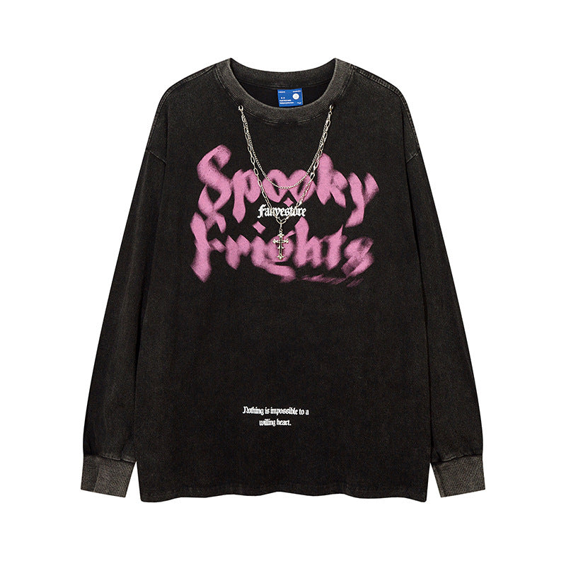 Vintage T Shirts Hip Hop Vintage Necklace Embellished Alphabet Print Long Sleeve T-Shirt