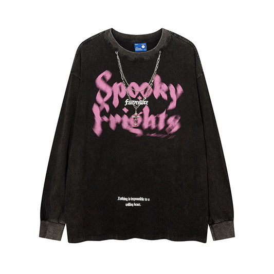 Vintage T Shirts Hip Hop Vintage Necklace Embellished Alphabet Print Long Sleeve T-Shirt