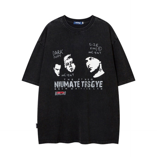 1990 Fashion T-Shirt Vintage Washed T-Shirt Summer Character Print Short Sleeve