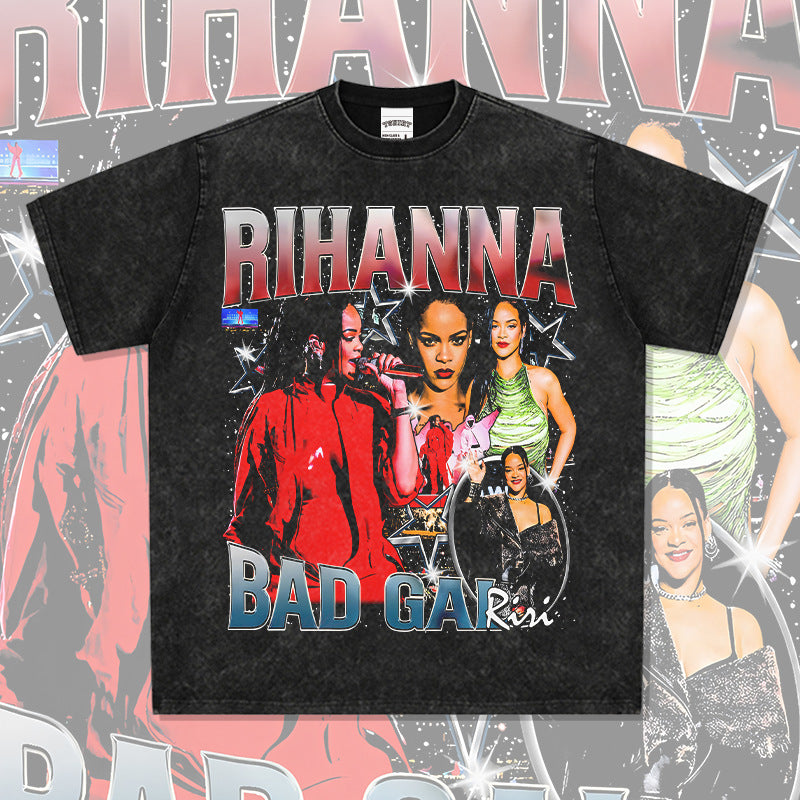 Outfit streetwear vintage Rihanna hip hop print short sleeve t-shirt