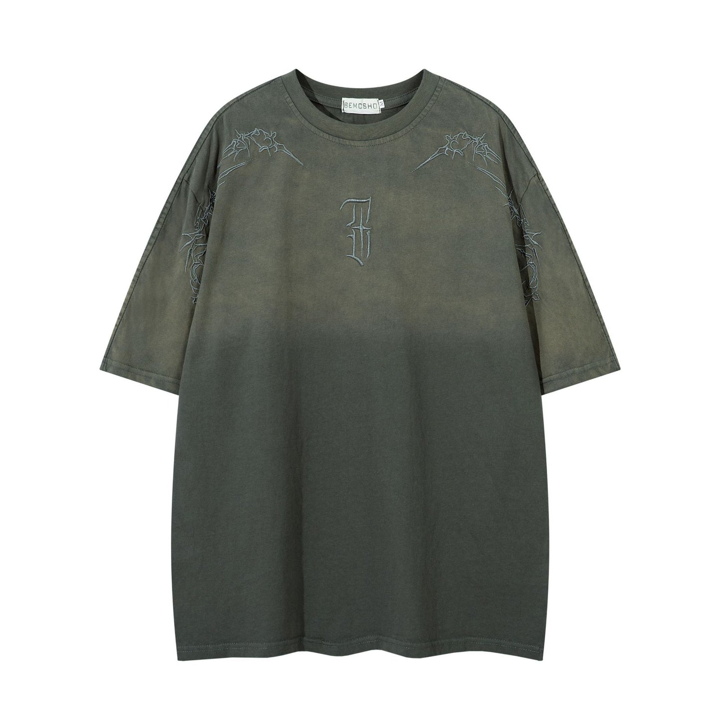 Hustle vintage summer embroidery gradual change washed short sleeve t-shirt