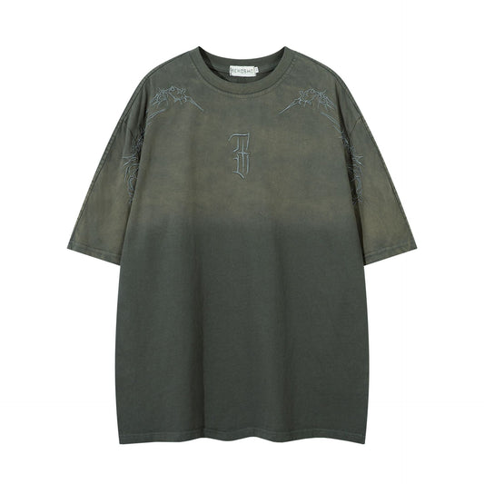 Hustle vintage summer embroidery gradual change washed short sleeve t-shirt