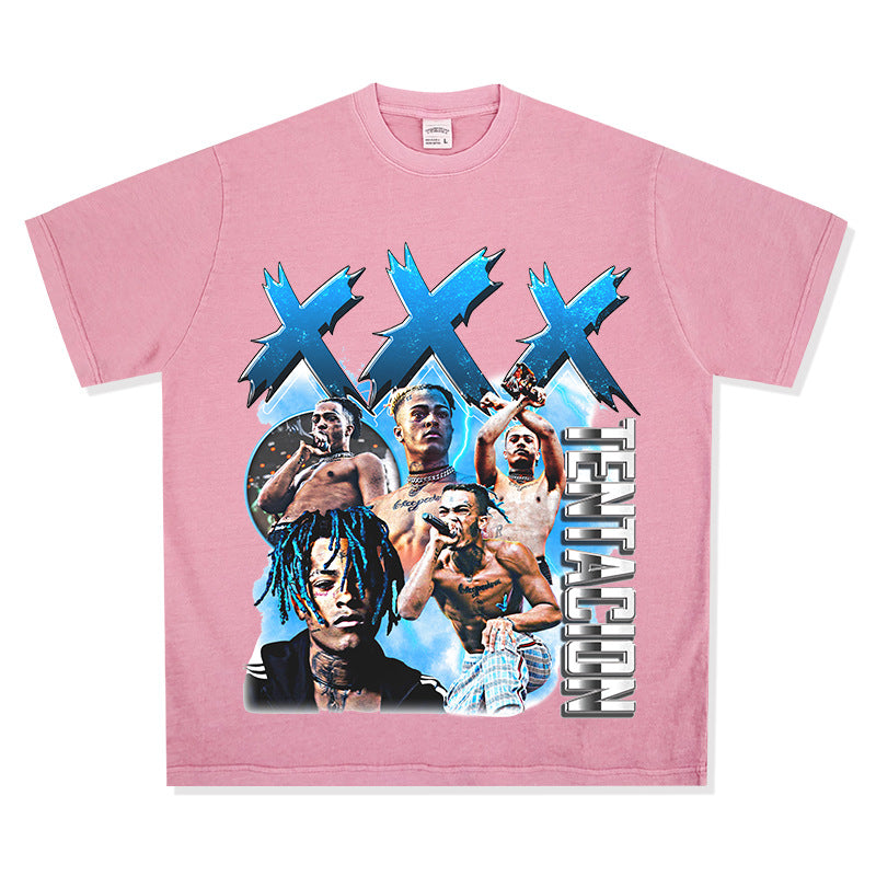 Streetwear masculino vintage hip hop rap XXX Tentacion print short sleeve t-shirt