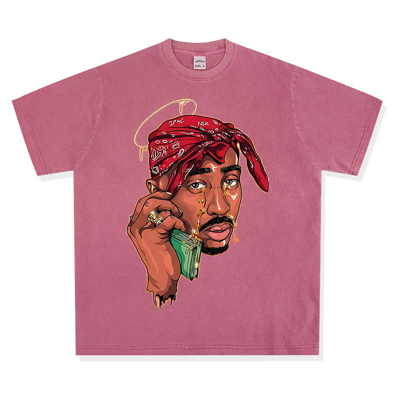 Streetwear masculino vintage hip hop tupac print short sleeve t-shirt