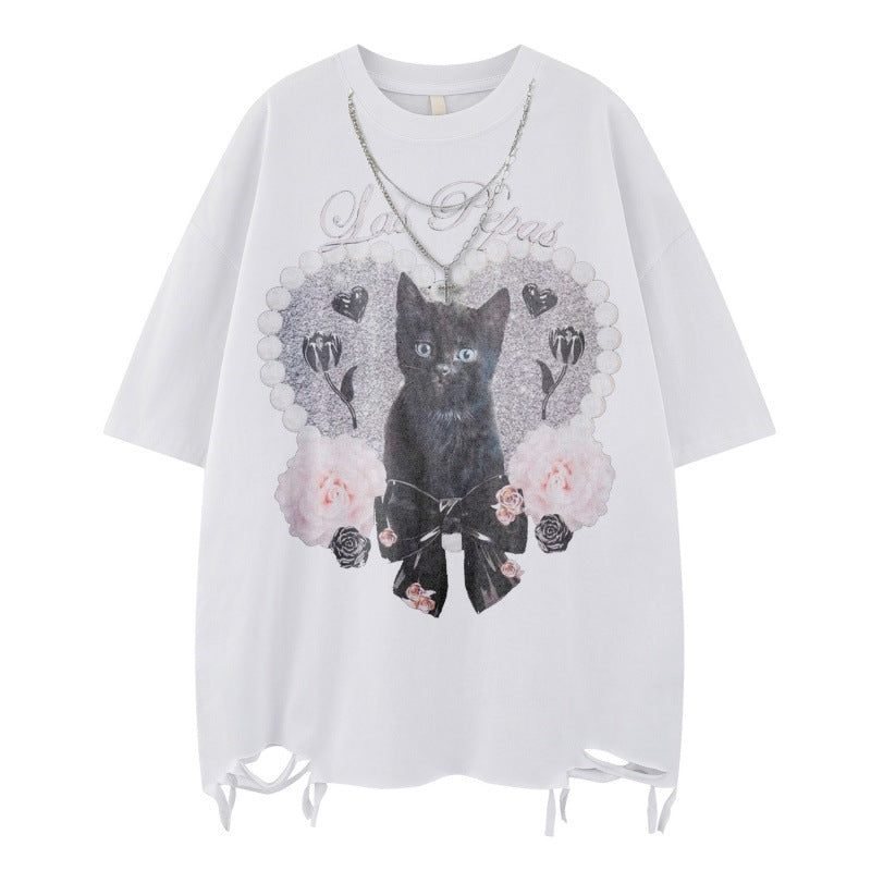 US drip outfits summer vintage love black cat print casual loose short sleeve T-Shirts