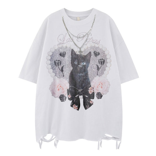 US drip outfits summer vintage love black cat print casual loose short sleeve T-Shirts