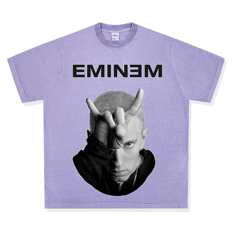 Streetwear masculino hip hop emperor Eminem vintage washed do old short sleeve t-shirt
