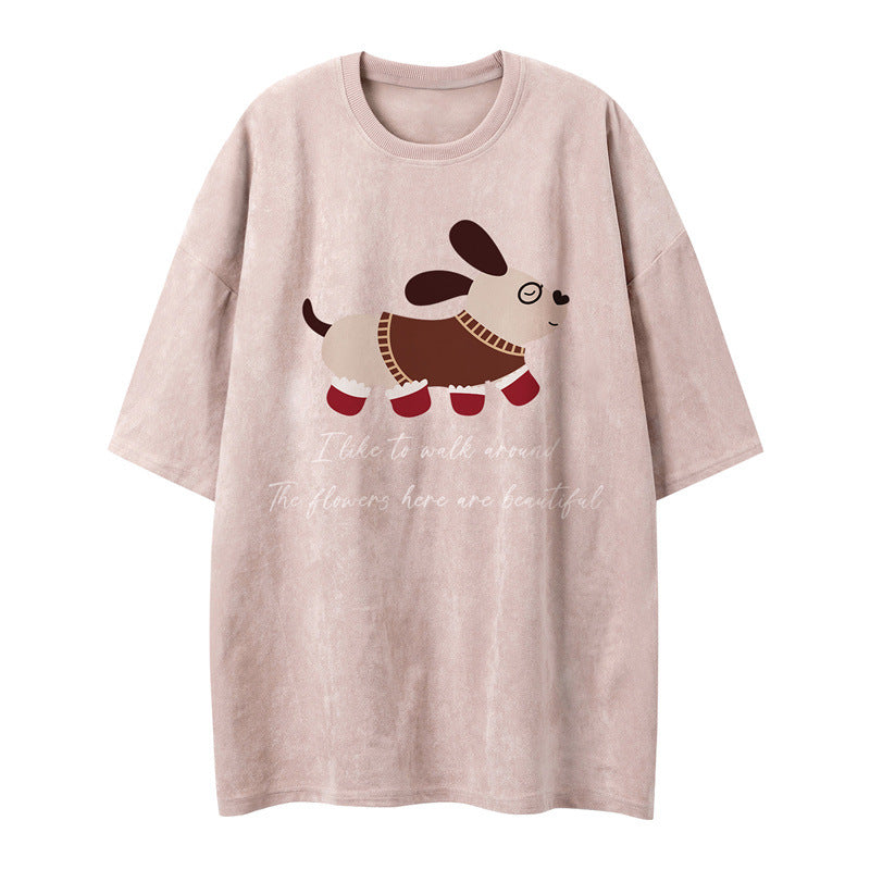 US drip outfits Summer Vintage Puppy Casual Loose Short Sleeve T-Shirts