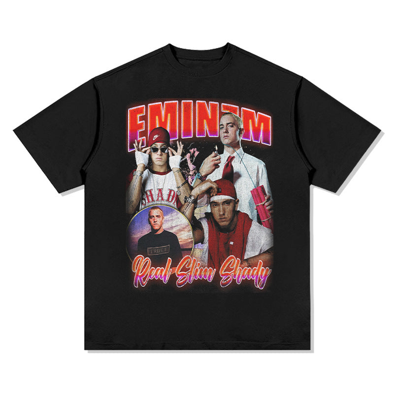 Cool t rapper Eminem Printed Hip Hop Short Sleeve Vintage Wash T-Shirt
