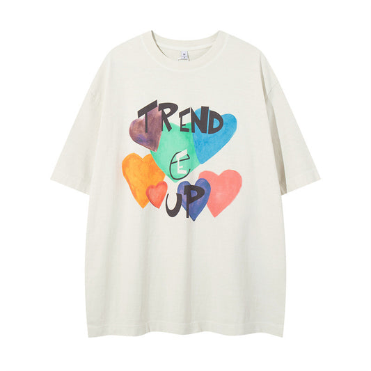 US drip outfits summer vintage love pattern casual loose short sleeve T-Shirts