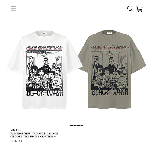 American vintage street T-shirt cotton fun cartoon print men and women summer loose