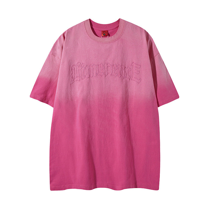 Distorted vintage gradual change embroidered short-sleeved t-shirt summer loose casual top
