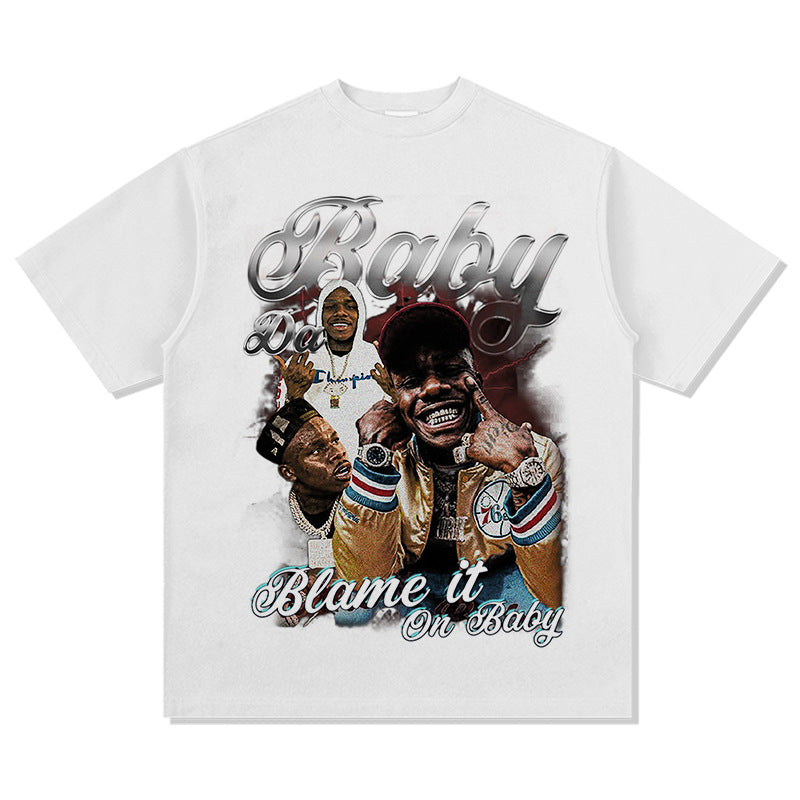 Cool t rapper DaBaby print hip hop rap short sleeve men t retro washed t-shirt loose top