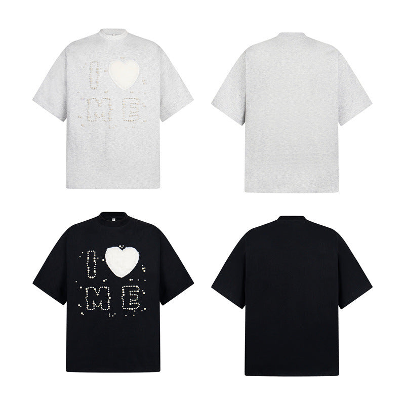Casual Street Wear Old Embroidered Love Vintage Loose Hip Hop Oversize Short Sleeve T-Shirt