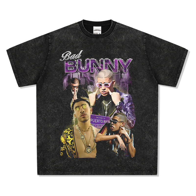 Cool t rapper vintage Bad Bunny print short sleeve t-shirt
