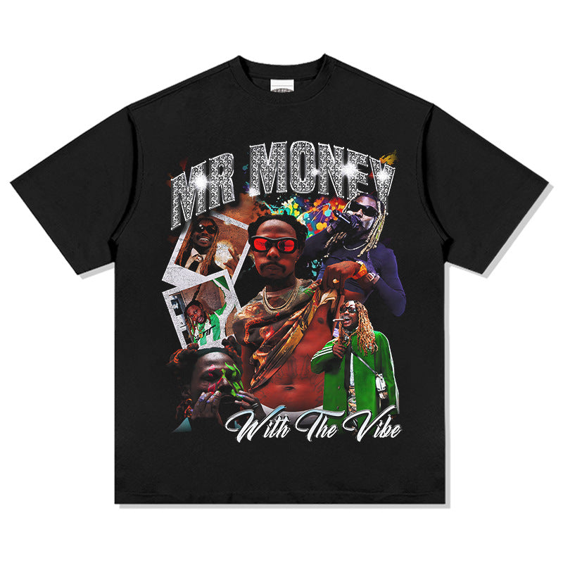 Marcas streetwear usa vintage hip hop Asake print short sleeve t-shirt