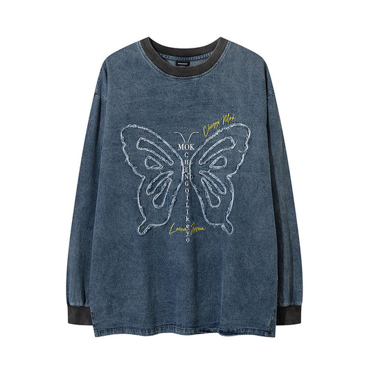 Marcas De Streetwear Vintage Embroidered Washed Denim Long Sleeve T-Shirt