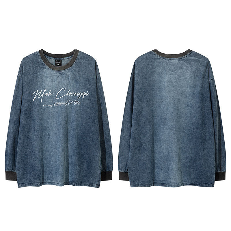 Marcas De Streetwear Crew Neck Denim Pullover Long Sleeve T-Shirt