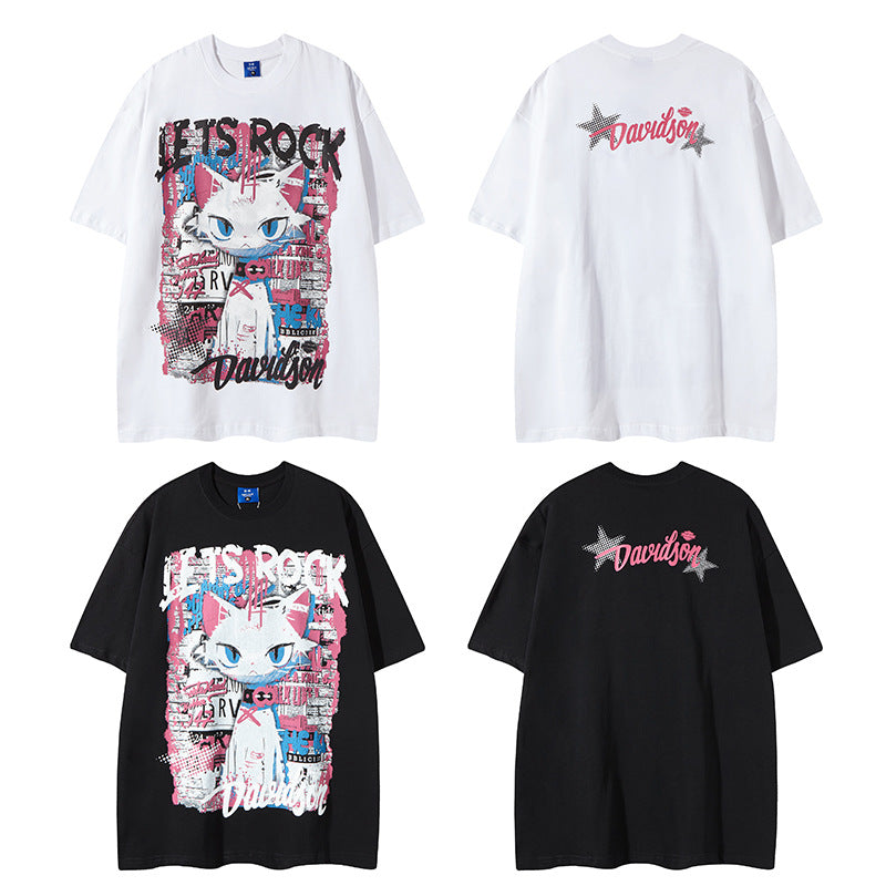 Nyc T Shirt Retro Cat Printed Short Sleeve T-Shirt Summer Loose Casual Top