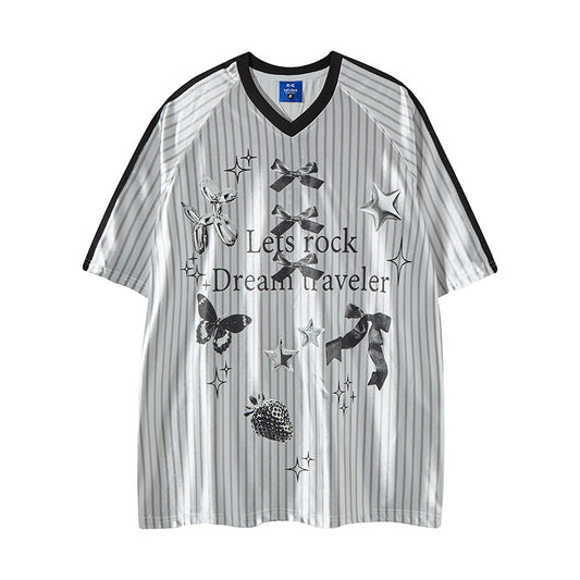 Nyc 1990 Shirt Striped V-Neck Short Sleeve T-Shirt