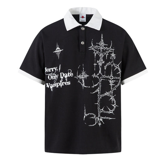 Casual Street Wear Vintage Pattern Button Design Lapel Embroidered Polo Shirt