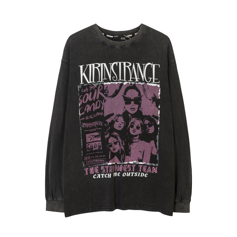 Vintage T Shirts Hip Hop Retro Portrait Print Long Sleeve T-Shirt Men's Autumn Loose Top