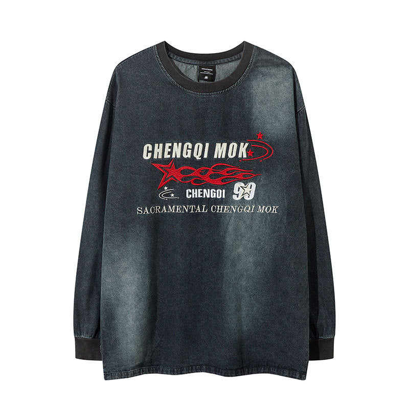 Marcas De Streetwear Letter Embroidered Loose Denim Long Sleeve T-Shirt