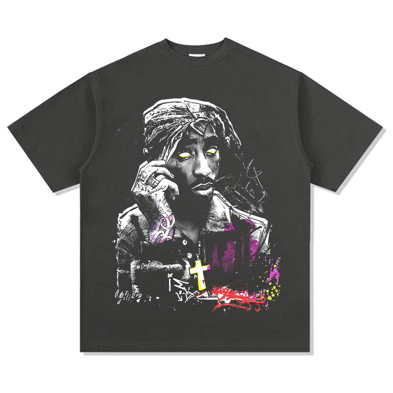 Cool t rapper vintage tupac print hip hop short sleeve wash do old t-shirt