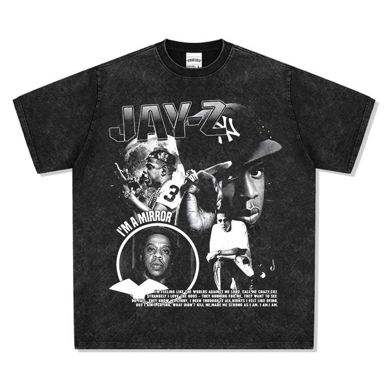 Streetwear masculino Jay-Z print hip-hop short-sleeved T-shirt retro washed old loose top