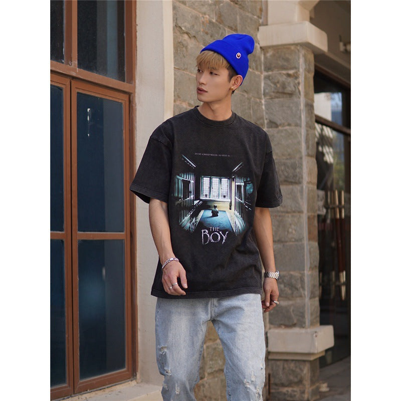 Film Star T Shirt Movie Spirit Doll Contract Pure Cotton Loose Nostalgic Short Sleeve Trendy Heavy T-shirt for Men
