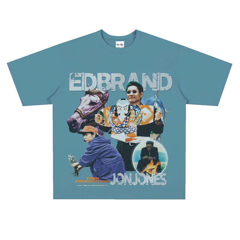 Film Star T Shirt Loose American Retro Heavy round Neck Street T-shirt for Men and Women