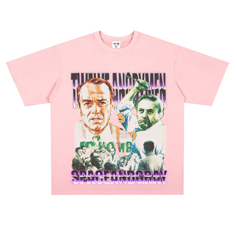 Film Star T Shirt Loose Retro Street Cotton Personality round Neck Print T-shirt