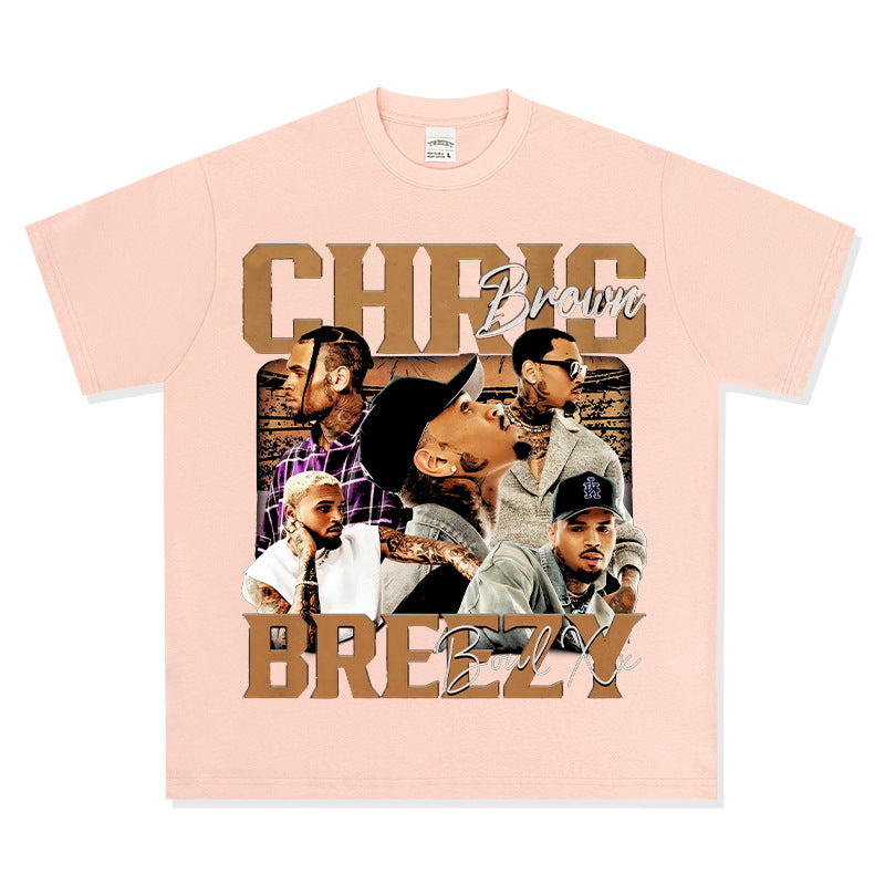 Streetwear masculino vintage hip hop Chris Brown print short-sleeved t-shirt