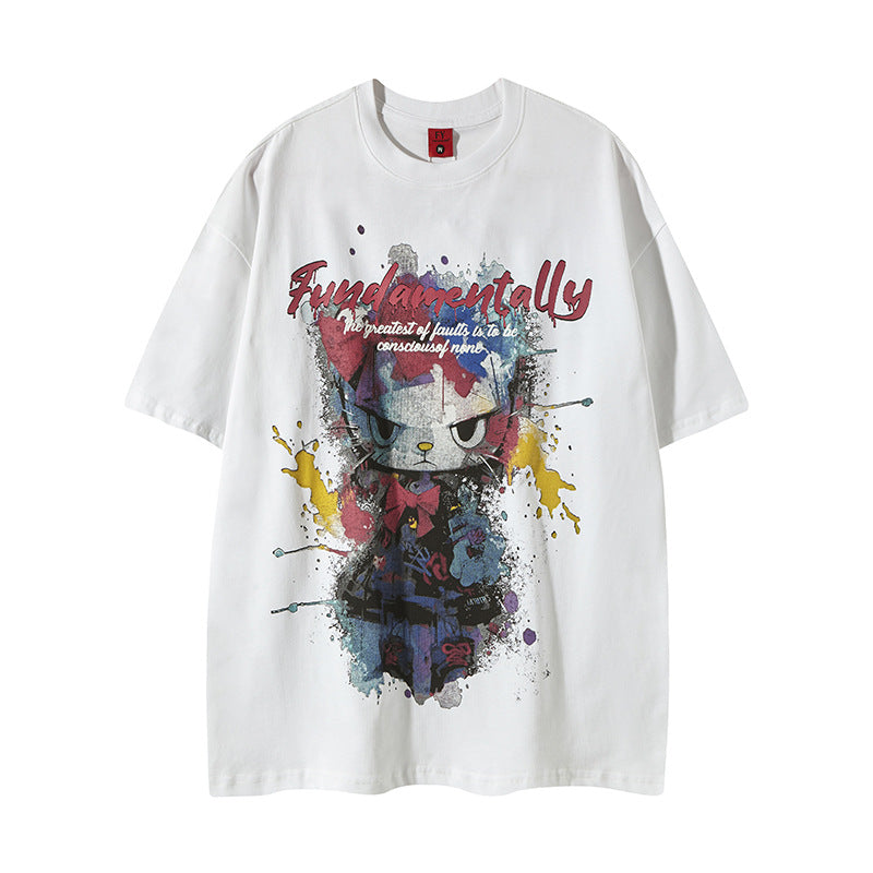 New York Hip Hop Style Old Crew Neck Short Sleeve T-Shirt Hip Hop Loose Top