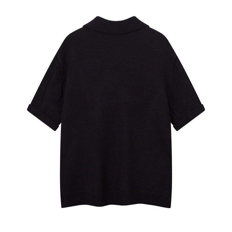 Casual Street Wear Vintage V-Neck Knitted Polo Shirt Short Lapel T-Shirt