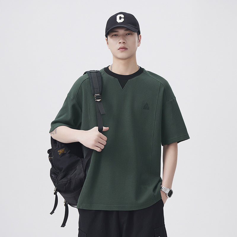 Men T-shirts Fake two-piece splicing short-sleeved top Summer loose