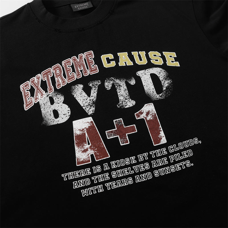Camisas Retros Washed Old Crew Neck Letter Print Short Sleeve T-Shirt