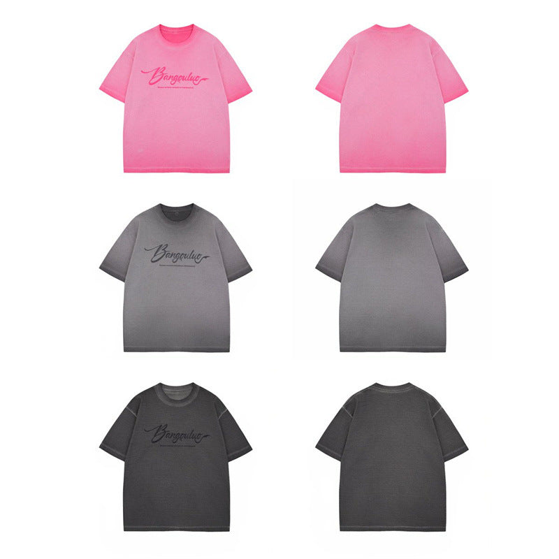 US drip outfits summer retro gradual change letter casual loose short sleeve T-Shirts