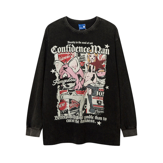 Vintage T Shirts Hip Hop Vintage Cartoon Washed Old Long Sleeve T-Shirt Oversize Loose