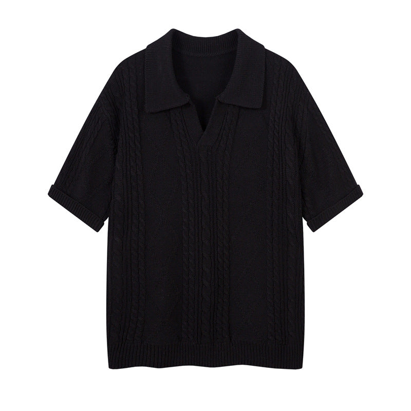 Casual Street Wear Vintage V-Neck Knitted Polo Shirt Short Lapel T-Shirt