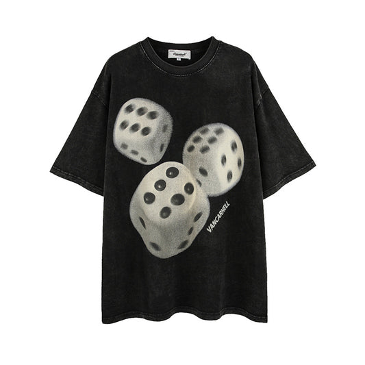 Vintage T Shirts Hip Hop Vintage Washed Dice Print Short Sleeve T-Shirt
