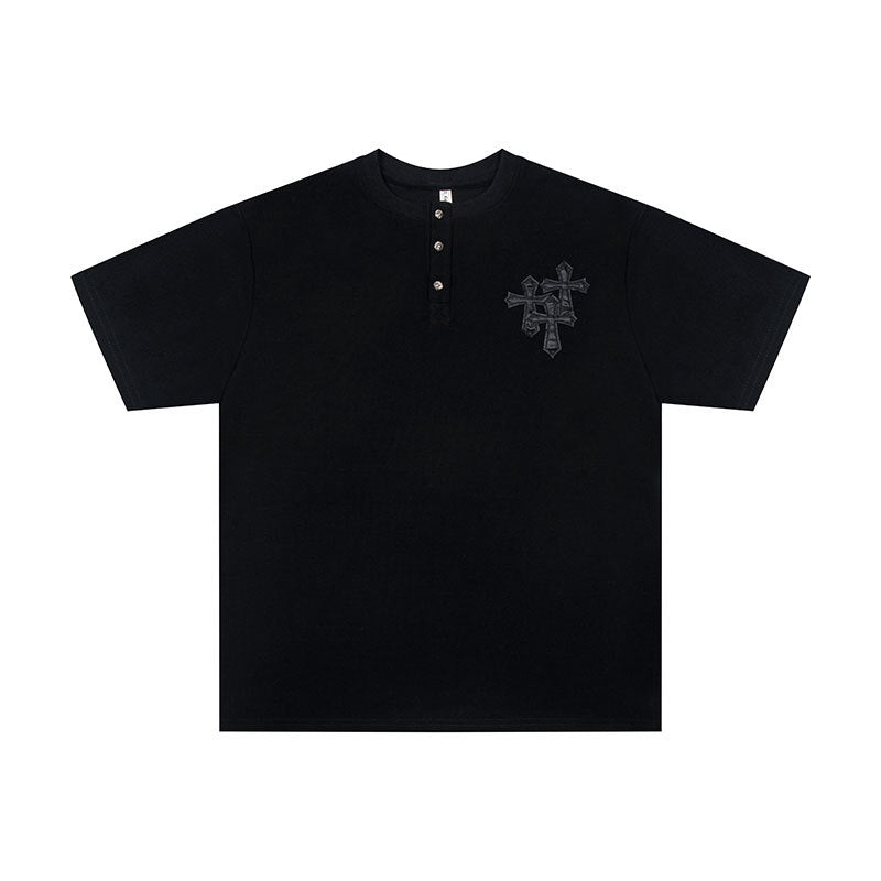 Marcas De Streetwear Vintage Cross Leather Embroidered Crew Neck Short Sleeve T-Shirt
