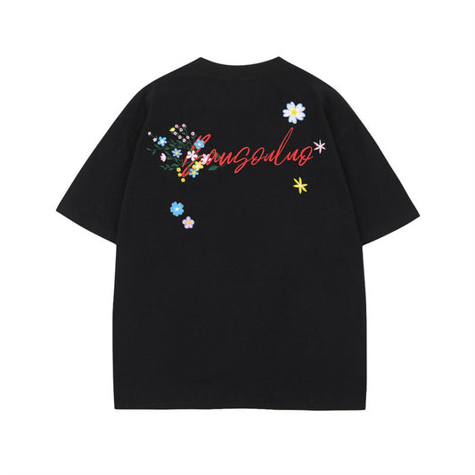 US drip outfits Summer Vintage Floral Embroidery Casual Loose Short Sleeve T-Shirts