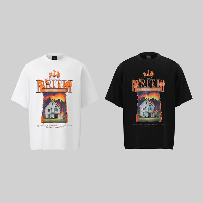 Camisas Retros White Ink Fire House Pattern 3D Printed Design Short Sleeve T-Shirt