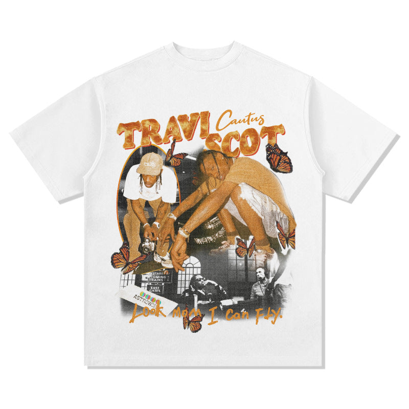 New york hip hop shop BC hip hop rap Travis Scott TS print short sleeve washed old t-shirt