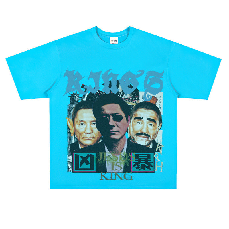 Film Star T Shirt Loose American Retro Street Cotton T-shirt for Men and Women