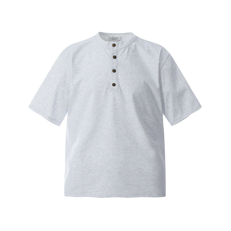 Camisas Retros Casual Half-Sleeve Button Solid Color Loose Crew Neck Short Sleeve T-Shirt