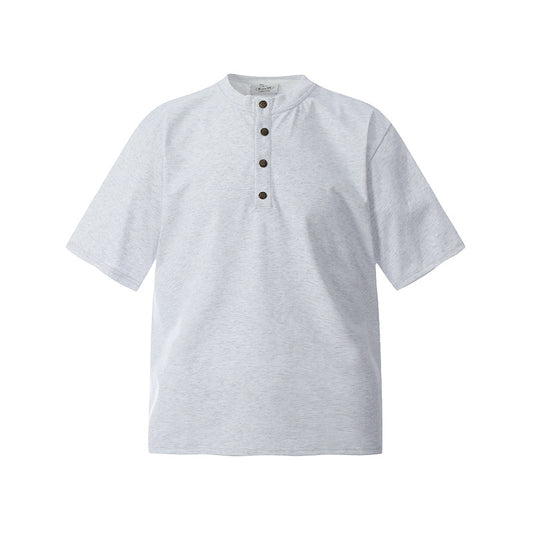 Camisas Retros Casual Half-Sleeve Button Solid Color Loose Crew Neck Short Sleeve T-Shirt