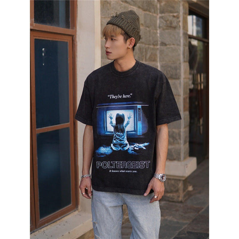 Film Star T Shirt Pure Cotton Loose Short Sleeve Retro Trendy round Neck Loose T-shirt for Men