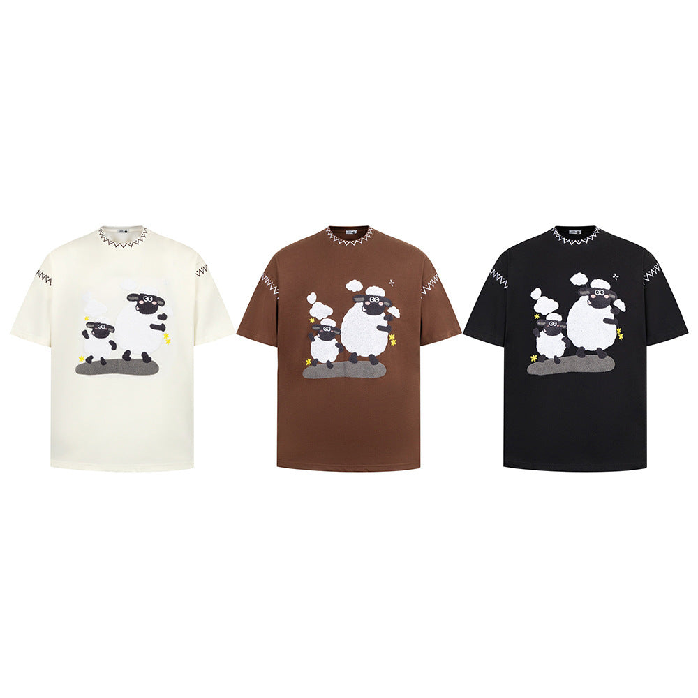 New York Hip Hop Style Summer Crew Neck Short Sleeve T-Shirt Lamb Embroidery Print